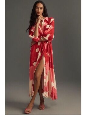 Maeve Anthropologie Red and Cream Abstract Maxi Wrap Dress